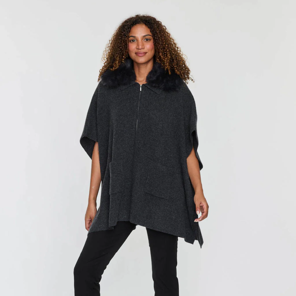 FAUX FUR COLLAR ZIP PONCHO - Image 3